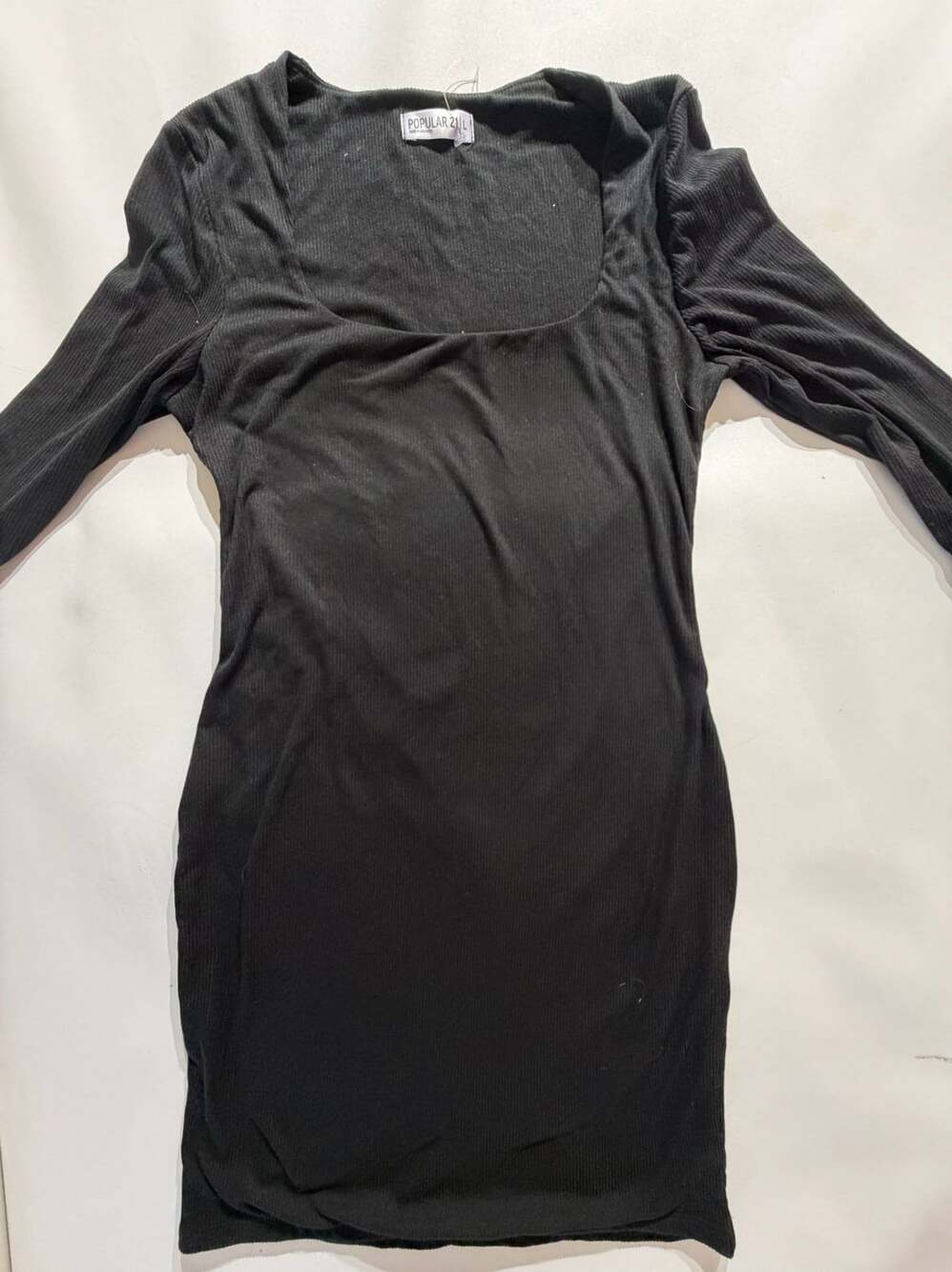 Popular 21 Black Square Neck Long Sleeve Ribbed Knit Bodycon Mini Dress Large